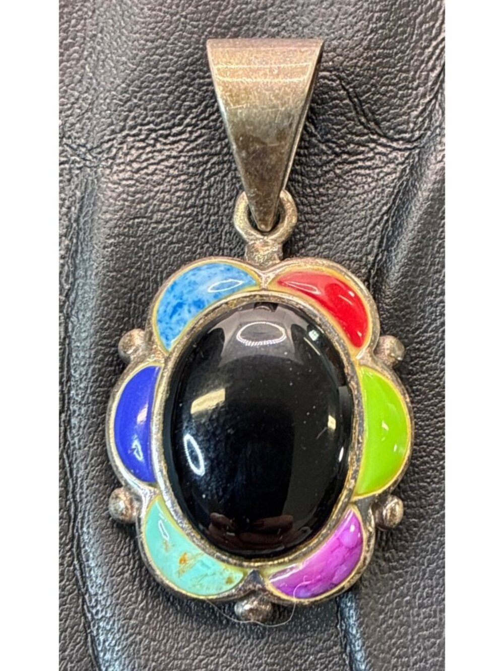 Southwestern Style Sterling Silver Oval Black Stone Pendant Colorful Gemstone